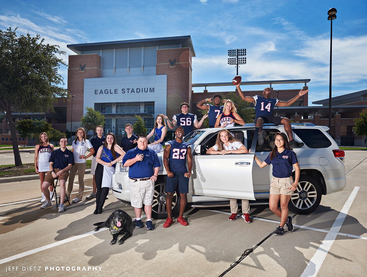 Allen football and band outside eagles stadium for c3 auto