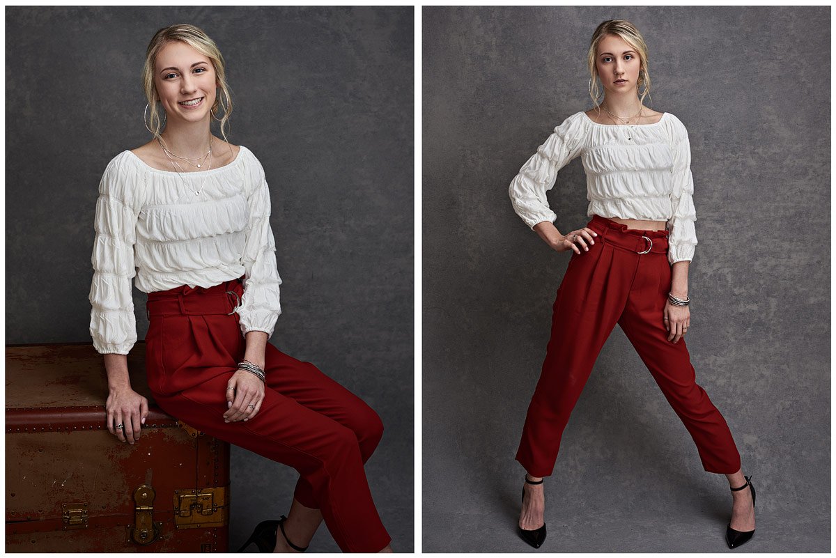 lone star girls senior portraits in studio red pants white top