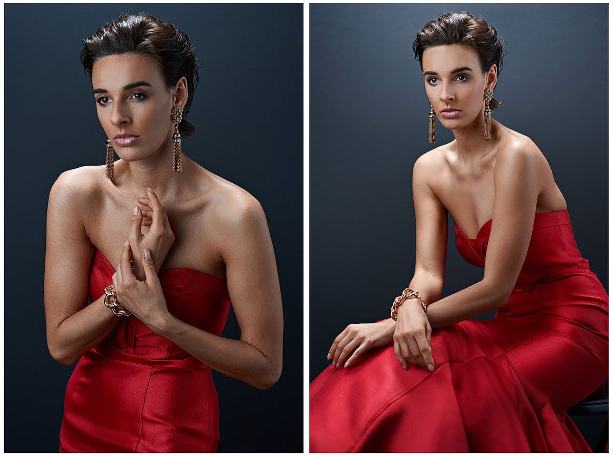 dallas model photo sin studio with red dress vanity fair style