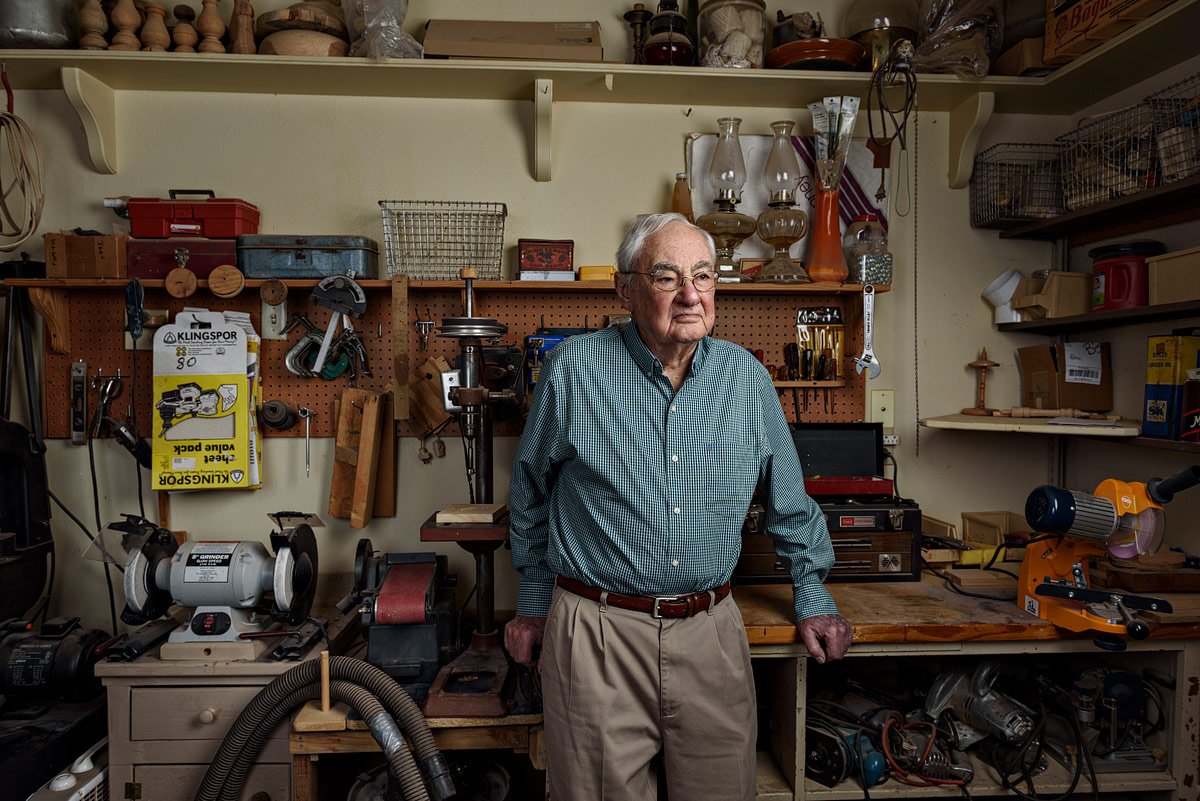 dallas portrait photographer of old man in wood shop in mckinney texas