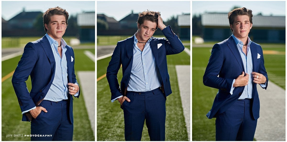 Legacy Christian Senior Portraits Triplet of senior football player in blue suit