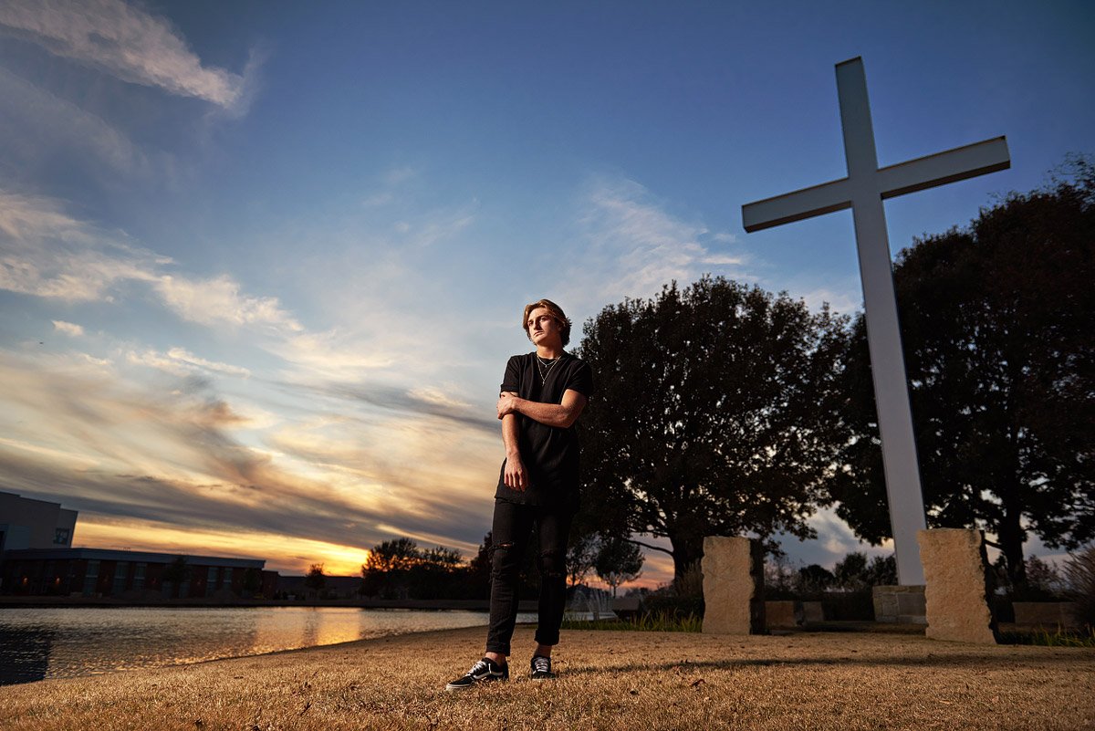 Prestonwood Christian Academy Senior Pictures in plano with cross at sunset