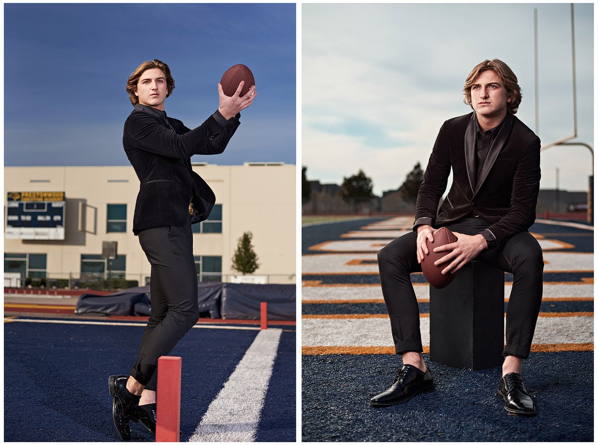 Prestonwood Senior Portraits Riley catching a pass in the endzone in a black suit
