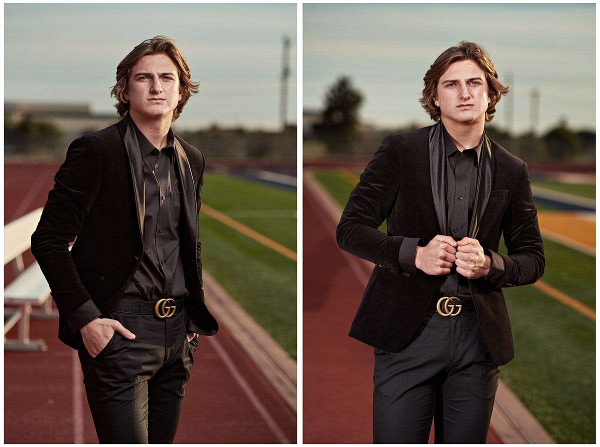 Prestonwood Christian Academy Senior Pictures of Riley on the football field in a black suit and Gucci belt