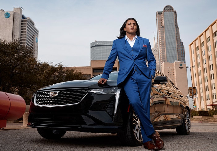Dallas Senior Portraits Downtown With Car Blue Suit