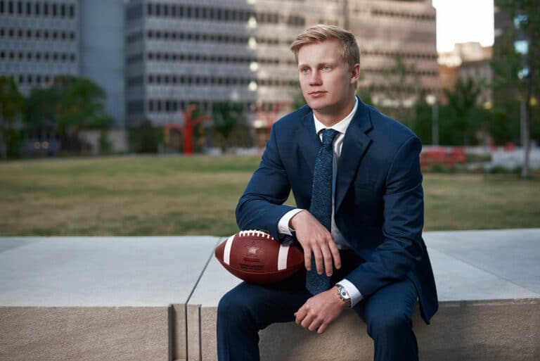 Coppell Senior Pictures Football Downtown Dallas Pacific Plaza