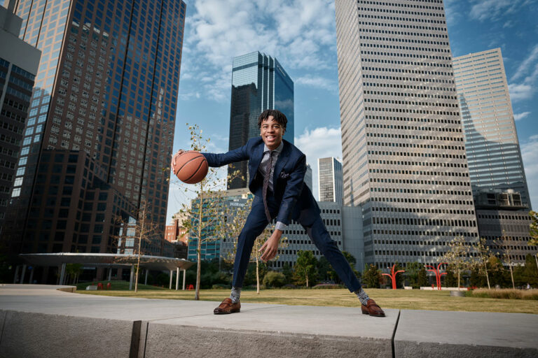 Byron Nelson Senior Pictures for men basketball player in downtown