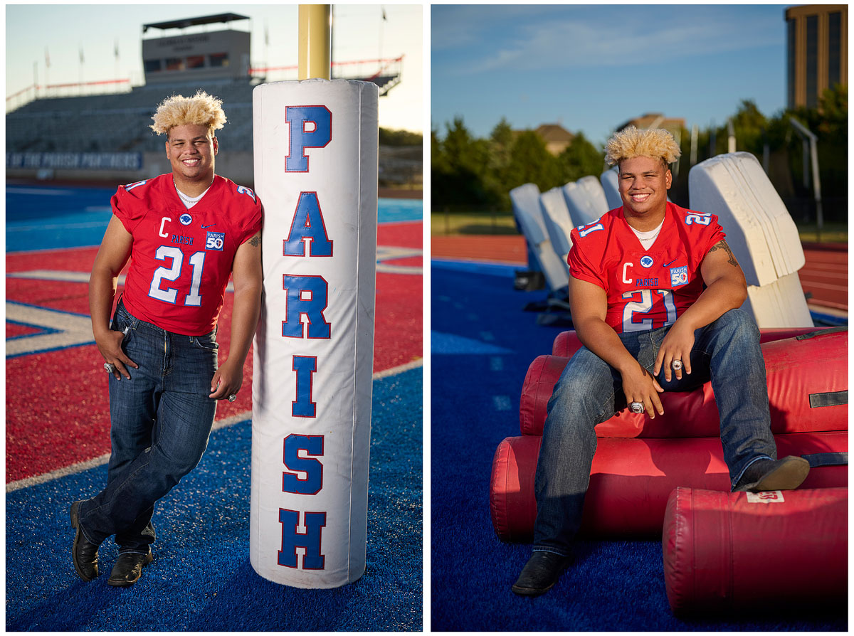two photos of parish episcopal senior football player posing for senior pictures. One on left by the parish goal post and the right sitting on football equipment on the blue football field