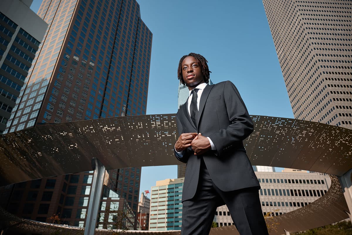 Senior portraits for greenhill school boys in black suit downtown dallas texas photographer